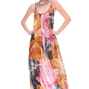 Aratta Silent Journey sheer midi Floral Maxi Dress abstract roses *read XS